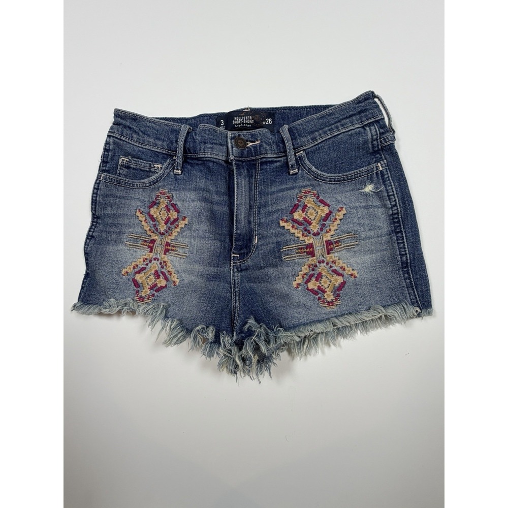 Hollister Jean Shorts Size 3 26" Blue Aztec Embroidered Short Short Boho Cutoff